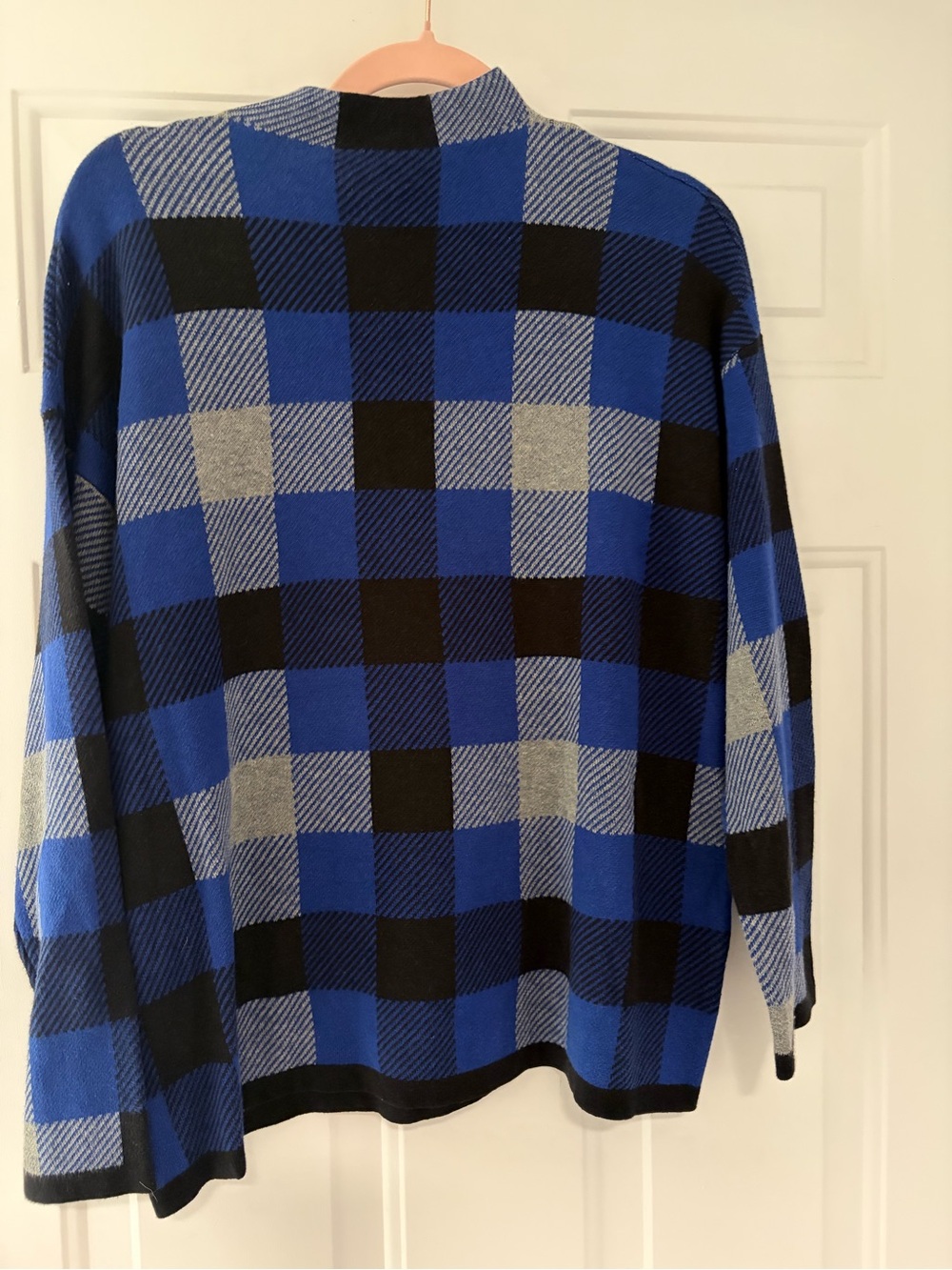 Jones New York Blue Black Gray Plaid Cowl Neck Sweater